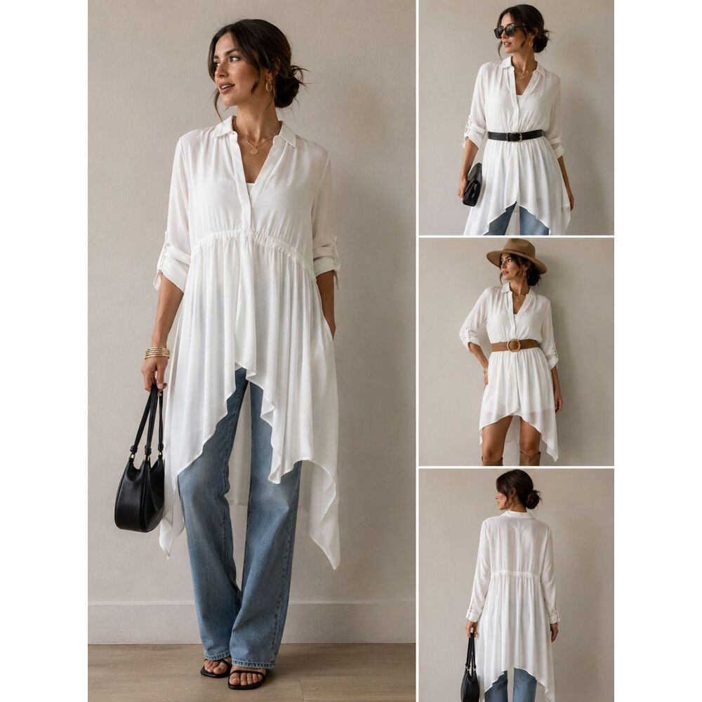 VENUS White Collared Blouse with Size S Boho Hippie Asymmetrical